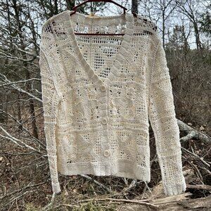 Floral Crochet Grandma Ivory Cottagecore Boho Cardigan Sweater Button Size Med